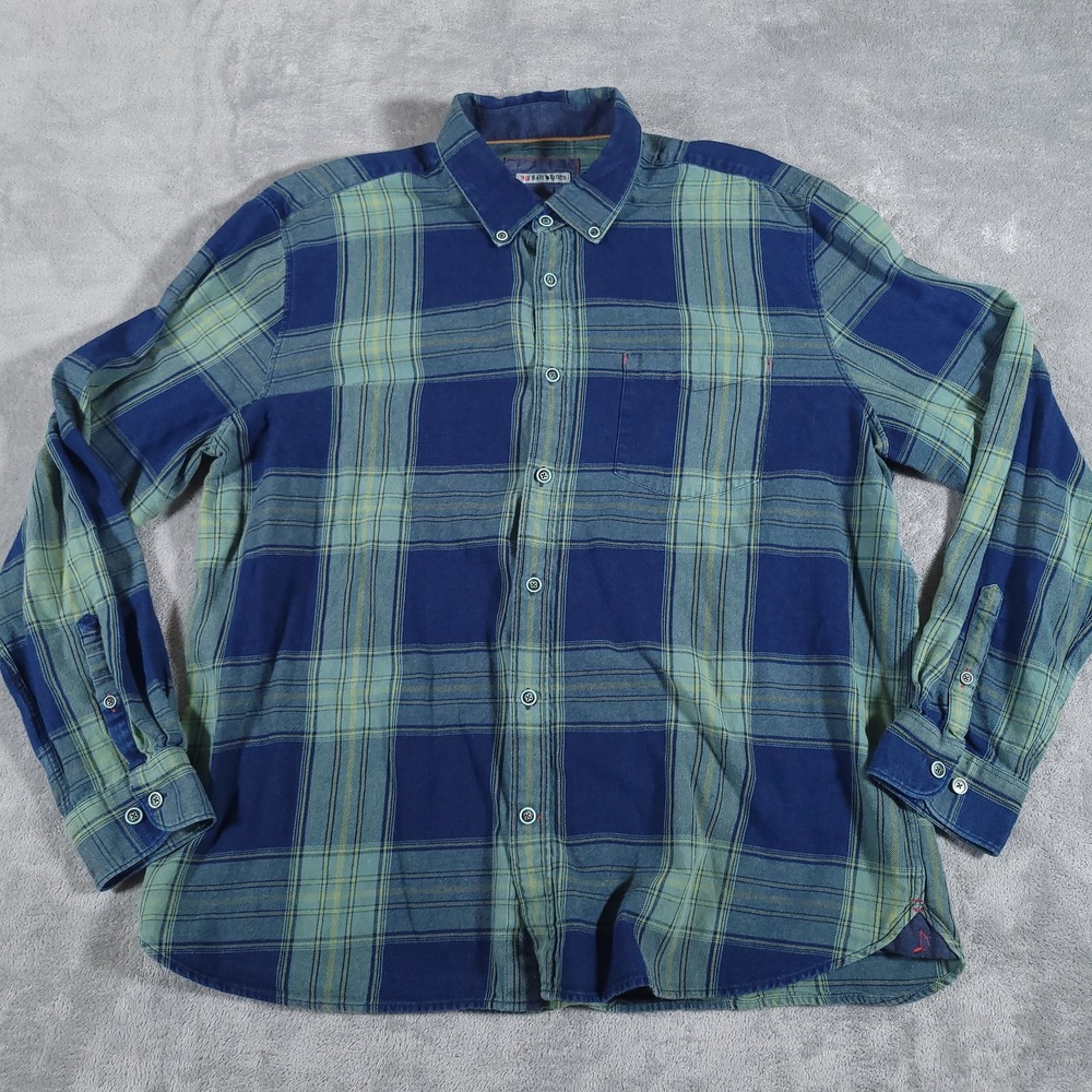 32 Bar‎ Blues Shirt Mens XL Blue Green Plaid Flannel Button Down Long Sleeve